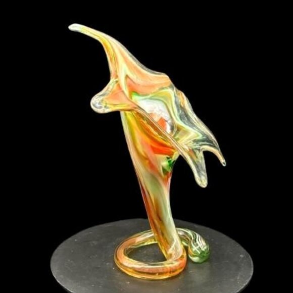 Vintage MCM Hand Blown Art Glass Green Orange Trumpet Flower Vase Decor 9 X 8 - Picture 3 of 6